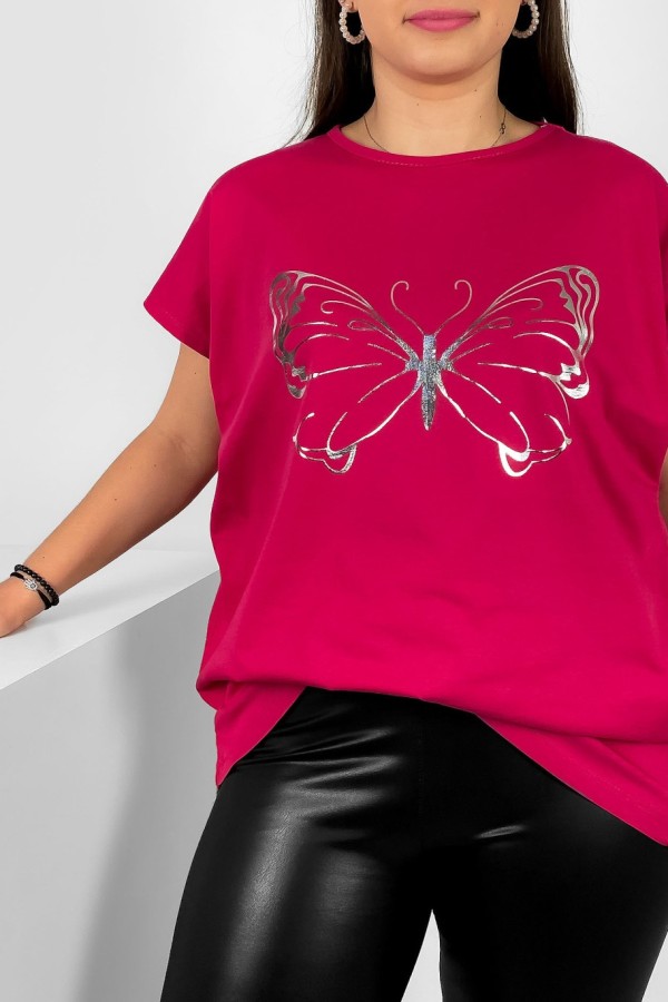 Nietoperz T-shirt damski plus size w kolorze wiśniowym srebrny nadruk motyl Derpy 1