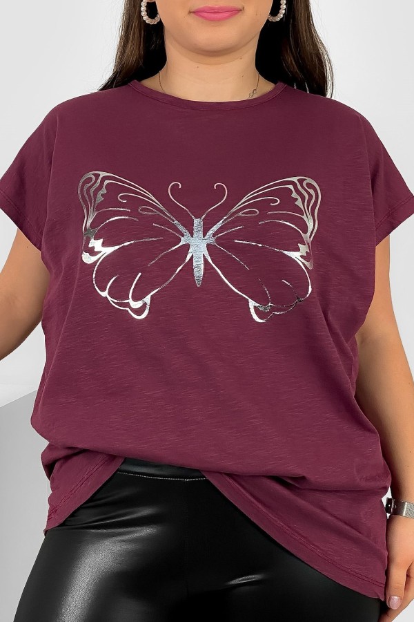 Nietoperz T-shirt damski plus size w kolorze śliwkowym srebrny nadruk motyl Derpy