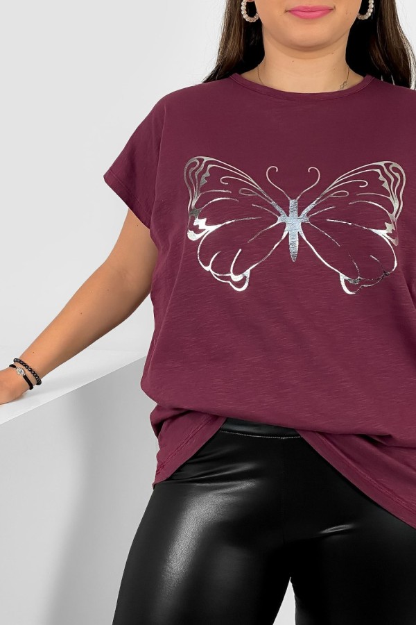 Nietoperz T-shirt damski plus size w kolorze śliwkowym srebrny nadruk motyl Derpy 1