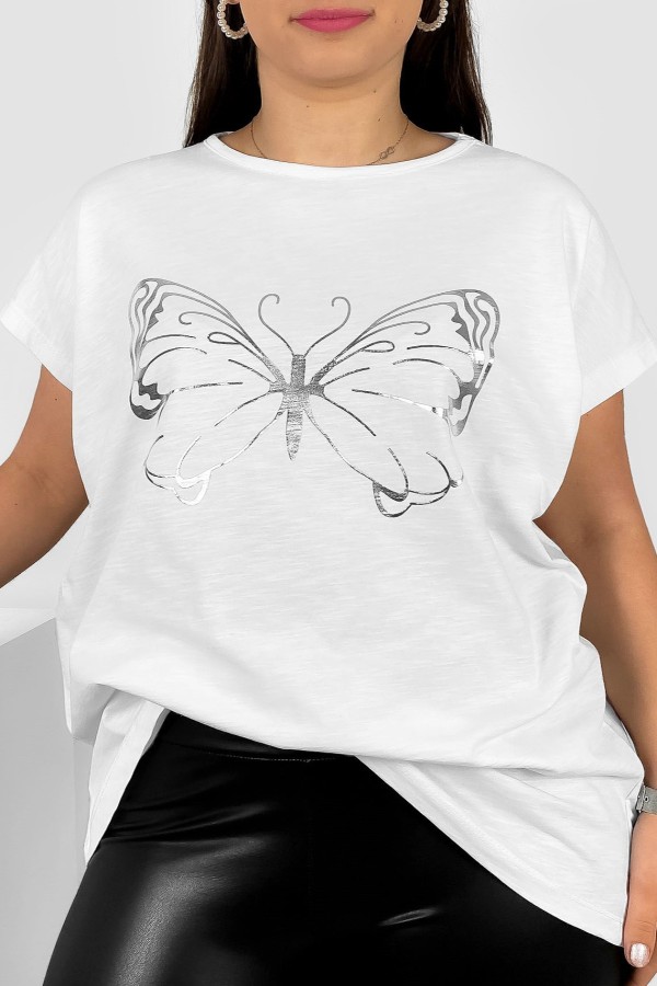 Nietoperz T-shirt damski plus size w kolorze białym srebrny nadruk motyl Derpy