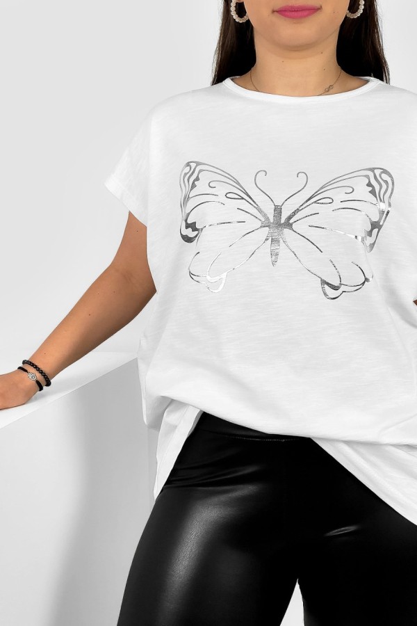 Nietoperz T-shirt damski plus size w kolorze białym srebrny nadruk motyl Derpy 1