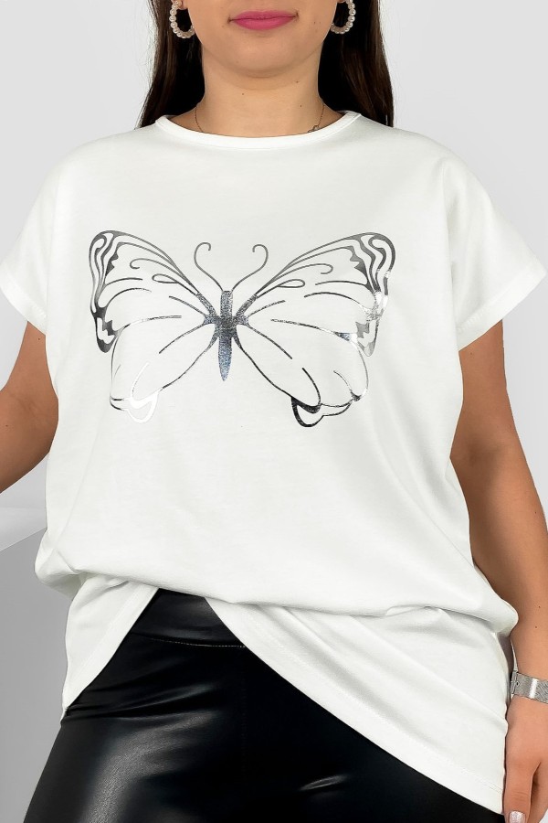 Nietoperz T-shirt damski plus size w kolorze ecru srebrny nadruk motyl Derpy