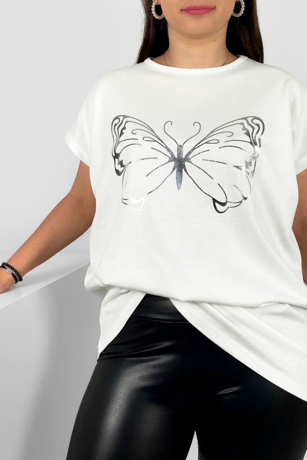 Nietoperz T-shirt damski plus size w kolorze ecru srebrny nadruk motyl Derpy 1