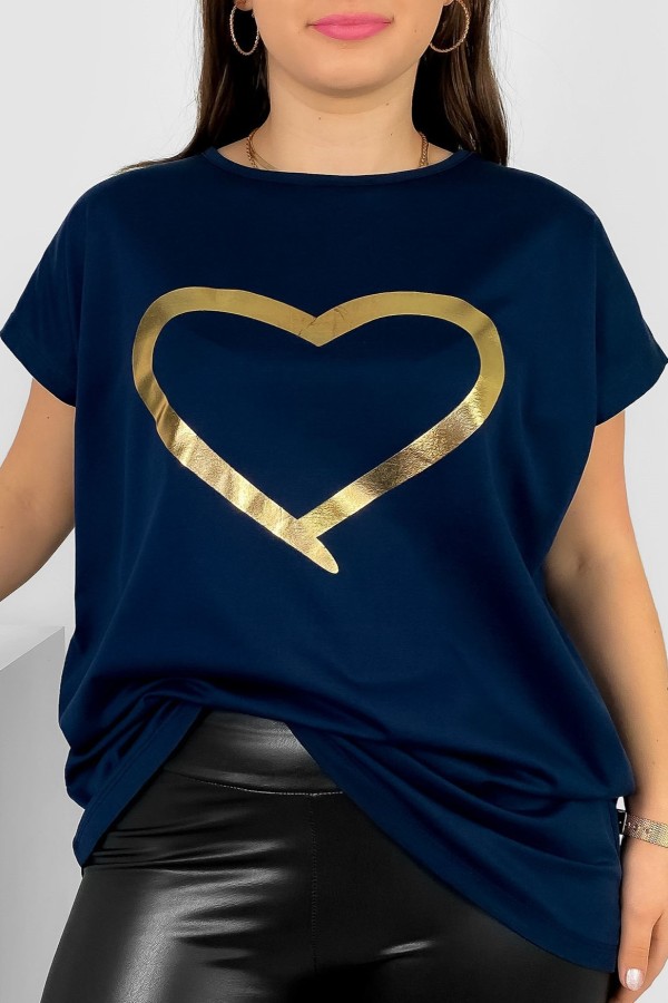 Nietoperz T-shirt damski plus size w kolorze granatowym złoty nadruk serce Horon