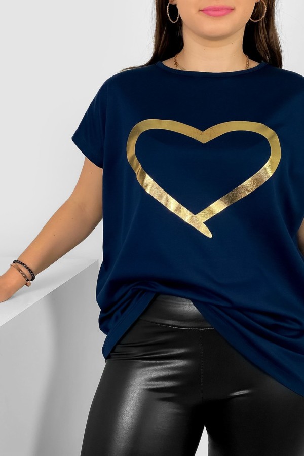 Nietoperz T-shirt damski plus size w kolorze granatowym złoty nadruk serce Horon 1