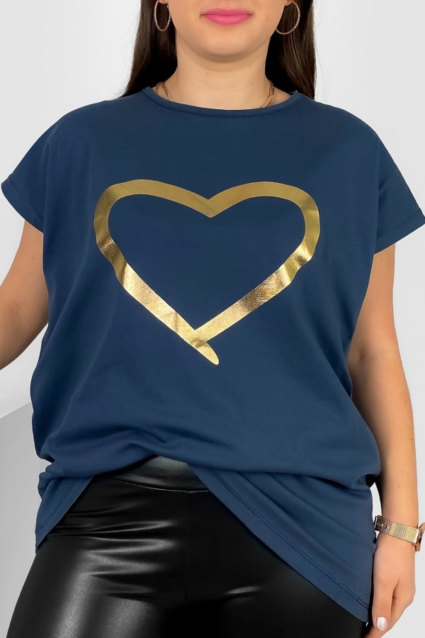 Nietoperz T-shirt damski plus size w kolorze grafitowego granatu złoty nadruk serce Horon