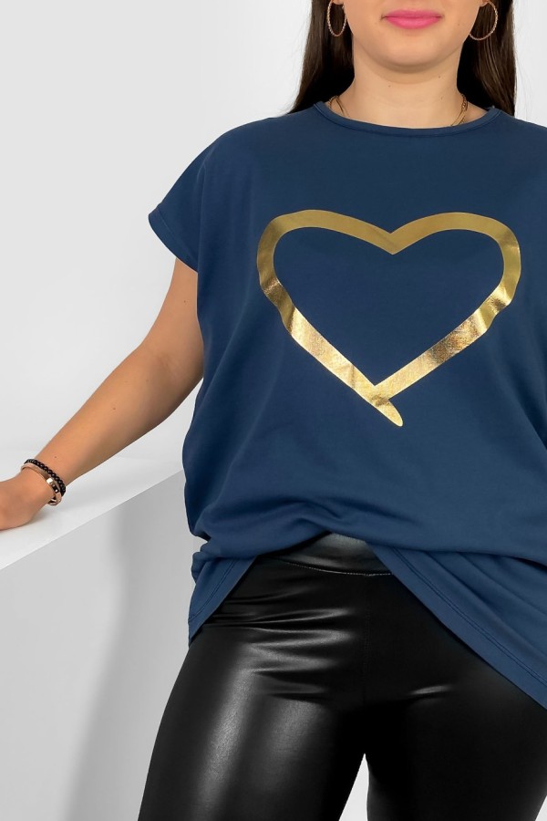 Nietoperz T-shirt damski plus size w kolorze grafitowego granatu złoty nadruk serce Horon 1
