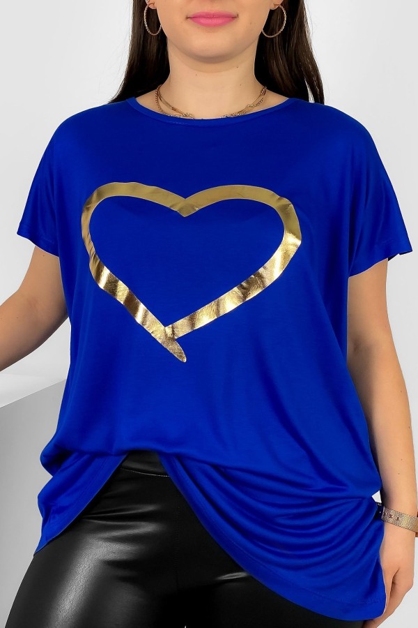 Nietoperz T-shirt damski plus size w kolorze kobaltowym złoty nadruk serce Horon