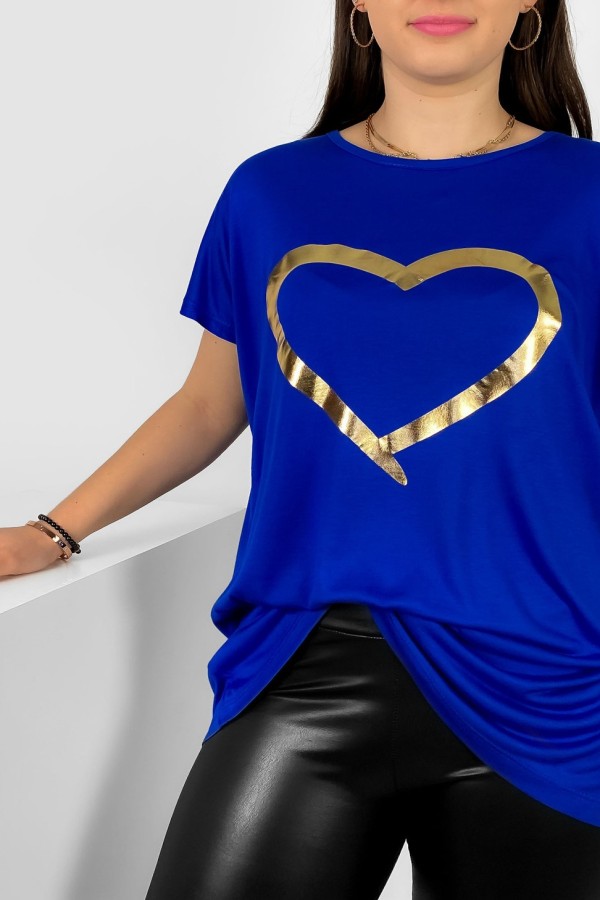 Nietoperz T-shirt damski plus size w kolorze kobaltowym złoty nadruk serce Horon 1