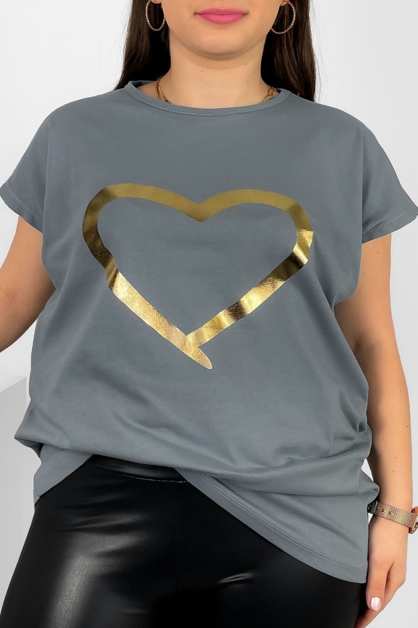Nietoperz T-shirt damski plus size w kolorze szarym złoty nadruk serce Horon