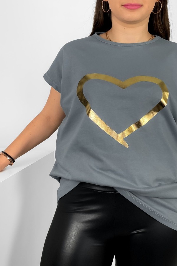Nietoperz T-shirt damski plus size w kolorze szarym złoty nadruk serce Horon 1