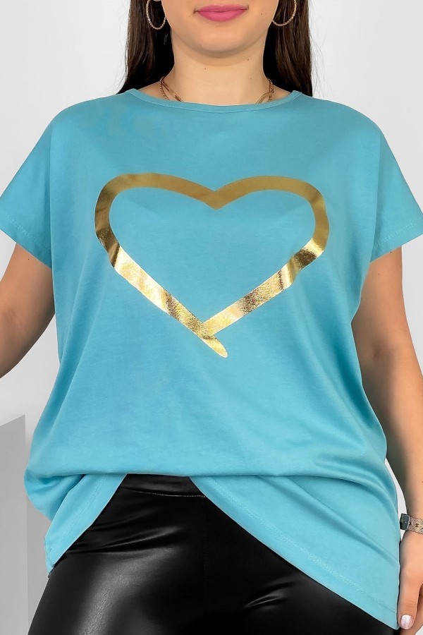 Nietoperz T-shirt damski plus size w kolorze niebieskiego turkusu złoty nadruk serce Horon