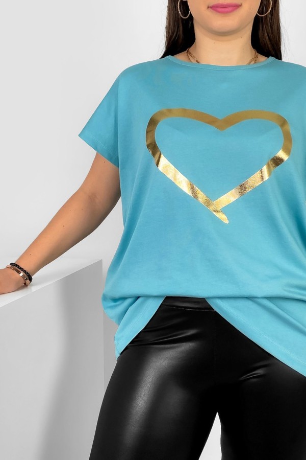 Nietoperz T-shirt damski plus size w kolorze niebieskiego turkusu złoty nadruk serce Horon 1