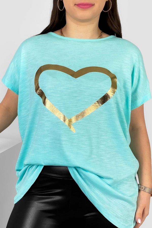 Nietoperz T-shirt damski plus size w kolorze miętowym złoty nadruk serce Horon