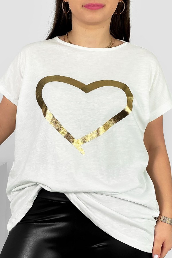 Nietoperz T-shirt damski plus size w kolorze ecru złoty nadruk serce Horon