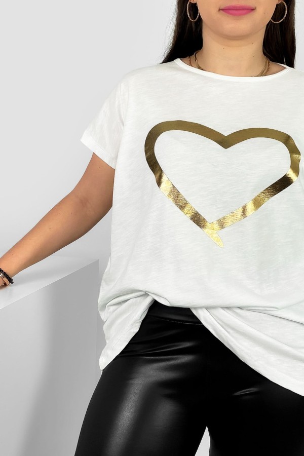 Nietoperz T-shirt damski plus size w kolorze ecru złoty nadruk serce Horon 1