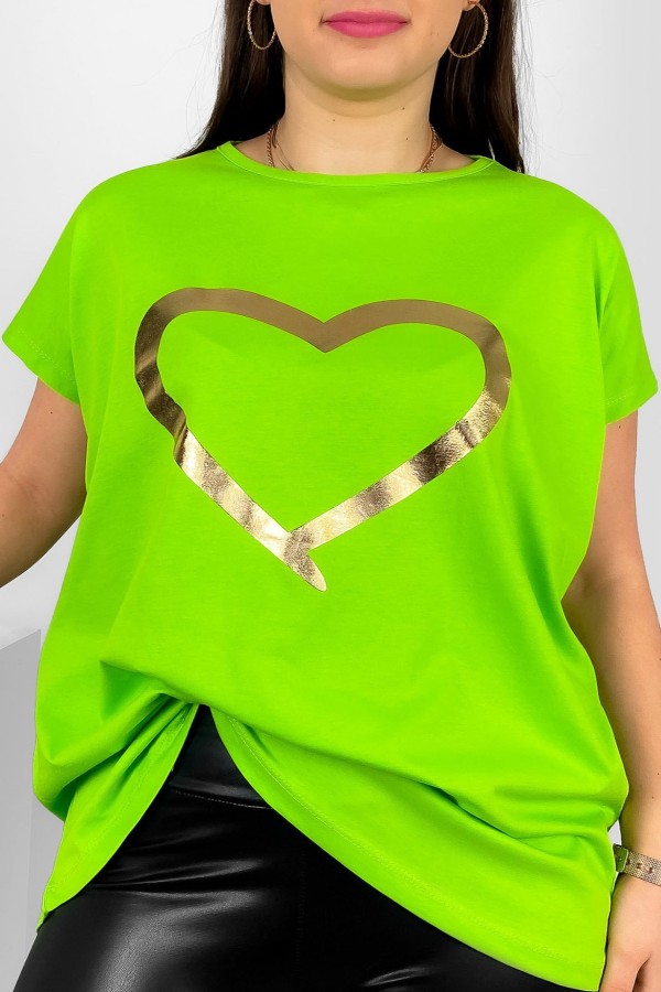 Nietoperz T-shirt damski plus size w kolorze kiwi złoty nadruk serce Horon