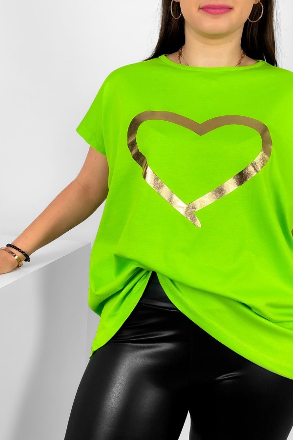 Nietoperz T-shirt damski plus size w kolorze kiwi złoty nadruk serce Horon 1