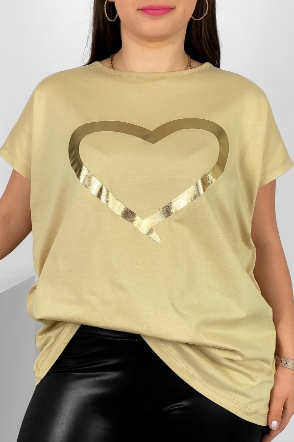 Nietoperz T-shirt damski plus size w kolorze beżu latte złoty nadruk serce Horon