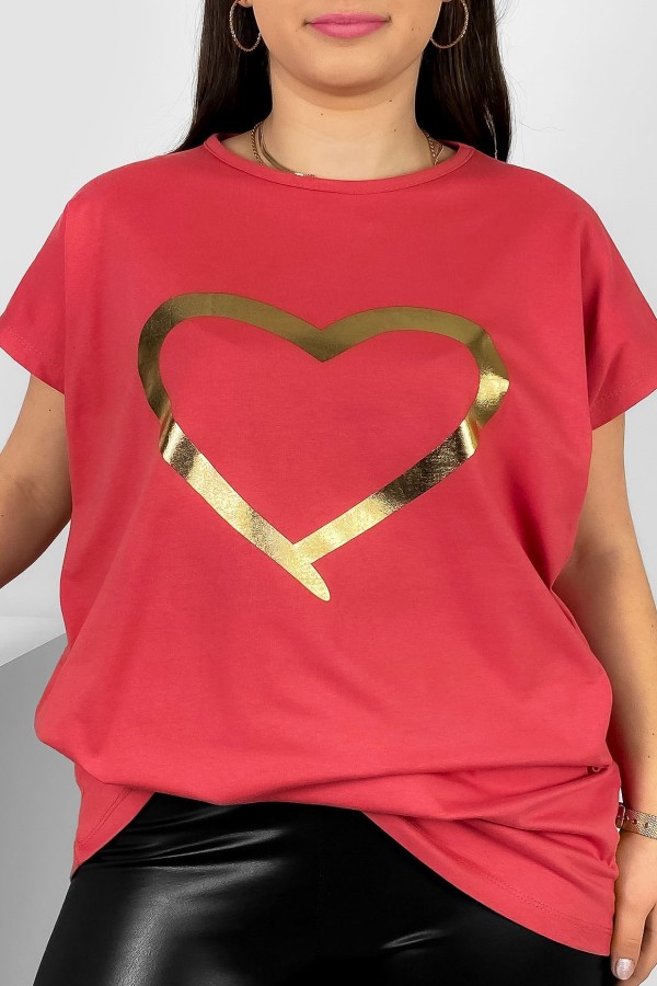 Nietoperz T-shirt damski plus size w kolorze truskawkowy złoty nadruk serce Horon
