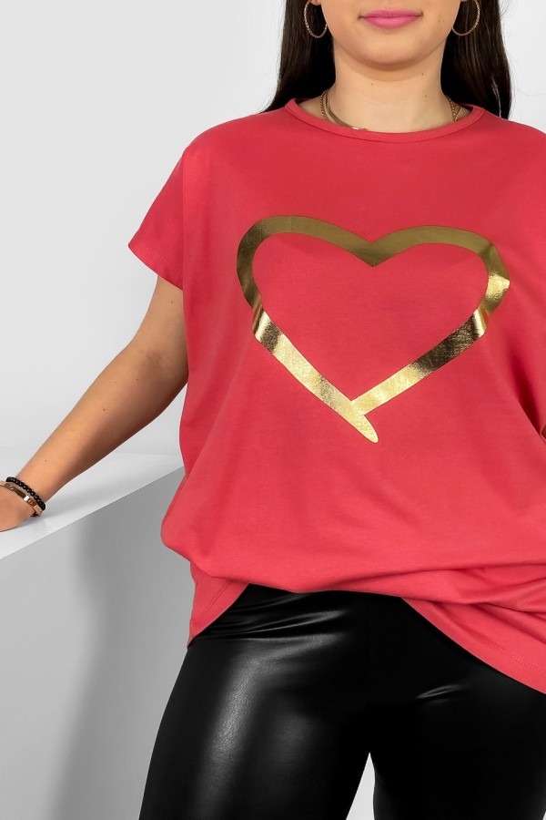 Nietoperz T-shirt damski plus size w kolorze truskawkowy złoty nadruk serce Horon 1