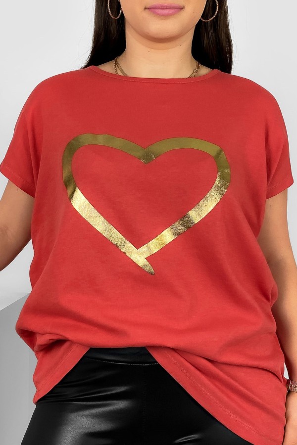Nietoperz T-shirt damski plus size w kolorze ceglastej czerwieni złoty nadruk serce Horon