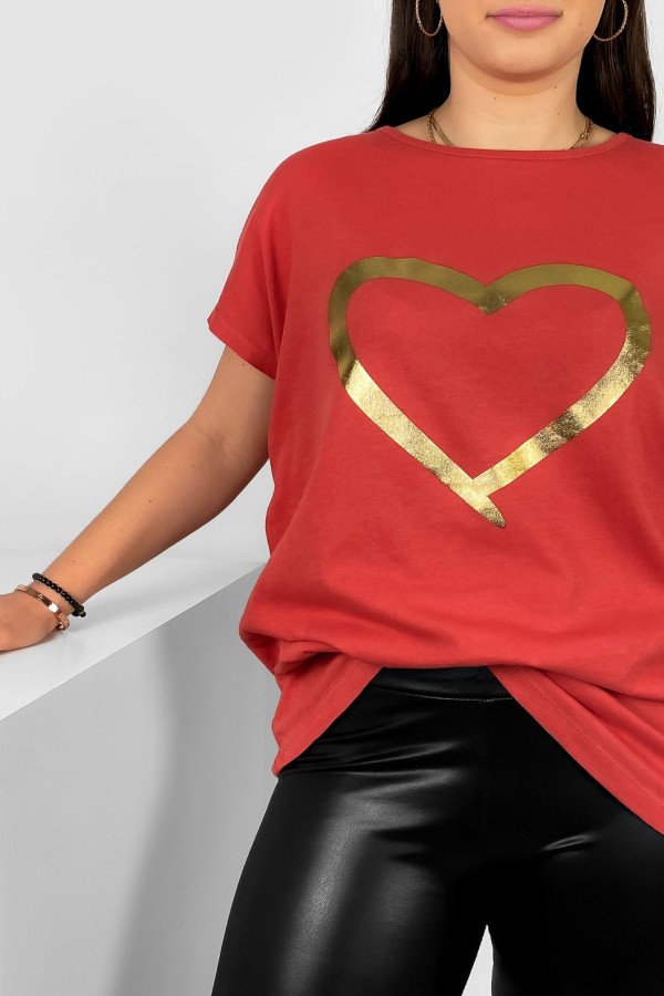 Nietoperz T-shirt damski plus size w kolorze ceglastej czerwieni złoty nadruk serce Horon 1