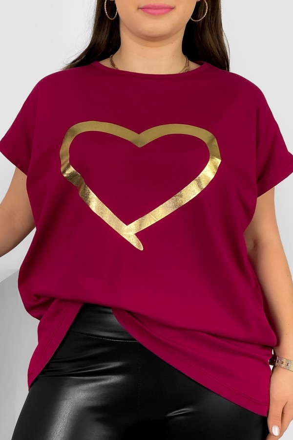 Nietoperz T-shirt damski plus size w kolorze burgundowym złoty nadruk serce Horon