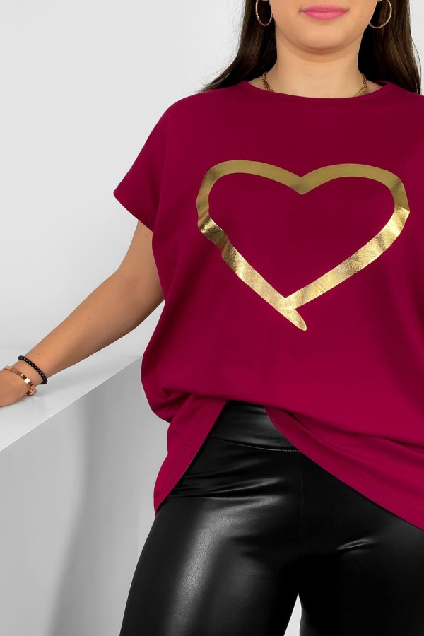 Nietoperz T-shirt damski plus size w kolorze burgundowym złoty nadruk serce Horon 1
