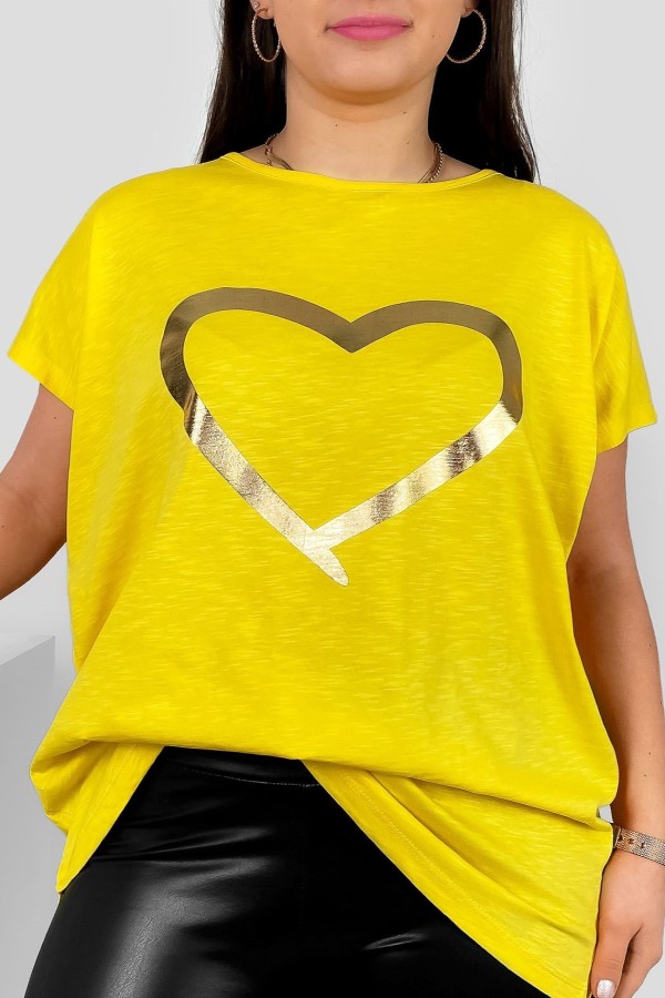 Nietoperz T-shirt damski plus size w kolorze żółtym złoty nadruk serce Horon