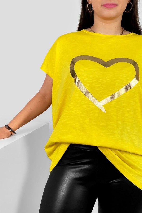 Nietoperz T-shirt damski plus size w kolorze żółtym złoty nadruk serce Horon 1