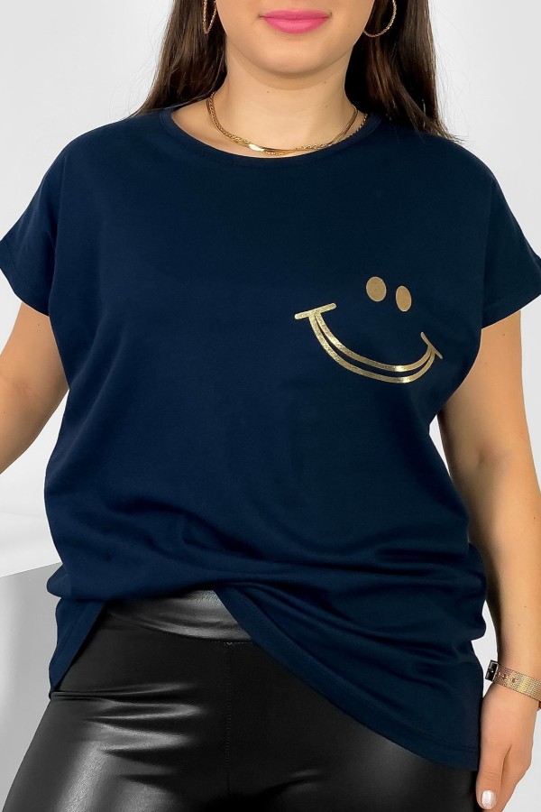 Nietoperz T-shirt damski plus size w kolorze granatowym złoty nadruk uśmiech Kerry