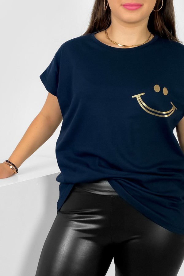 Nietoperz T-shirt damski plus size w kolorze granatowym złoty nadruk uśmiech Kerry 1