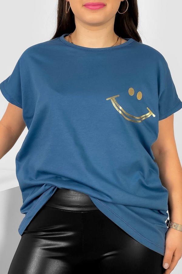 Nietoperz T-shirt damski plus size w kolorze denim złoty nadruk uśmiech Kerry