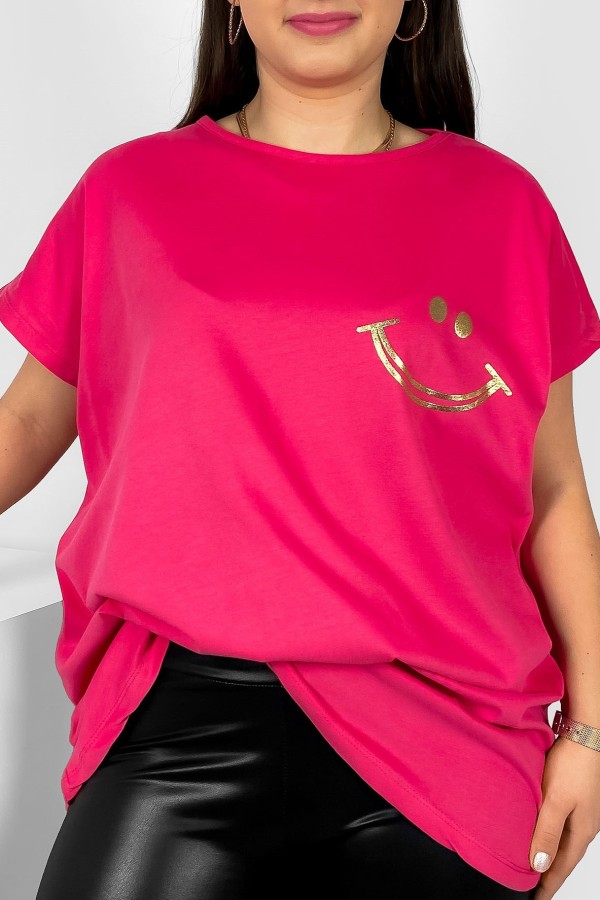 Nietoperz T-shirt damski plus size w kolorze różowym złoty nadruk uśmiech Kerry