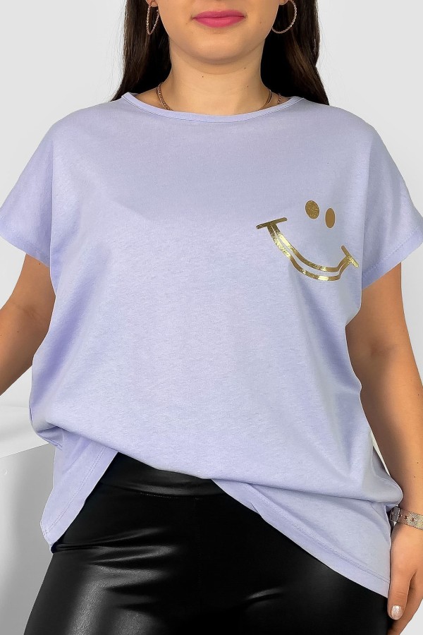 Nietoperz T-shirt damski plus size w kolorze jasnego bzu złoty nadruk uśmiech Kerry