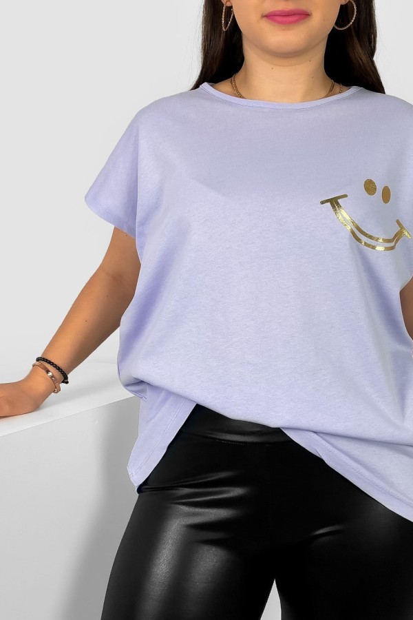 Nietoperz T-shirt damski plus size w kolorze jasnego bzu złoty nadruk uśmiech Kerry 1