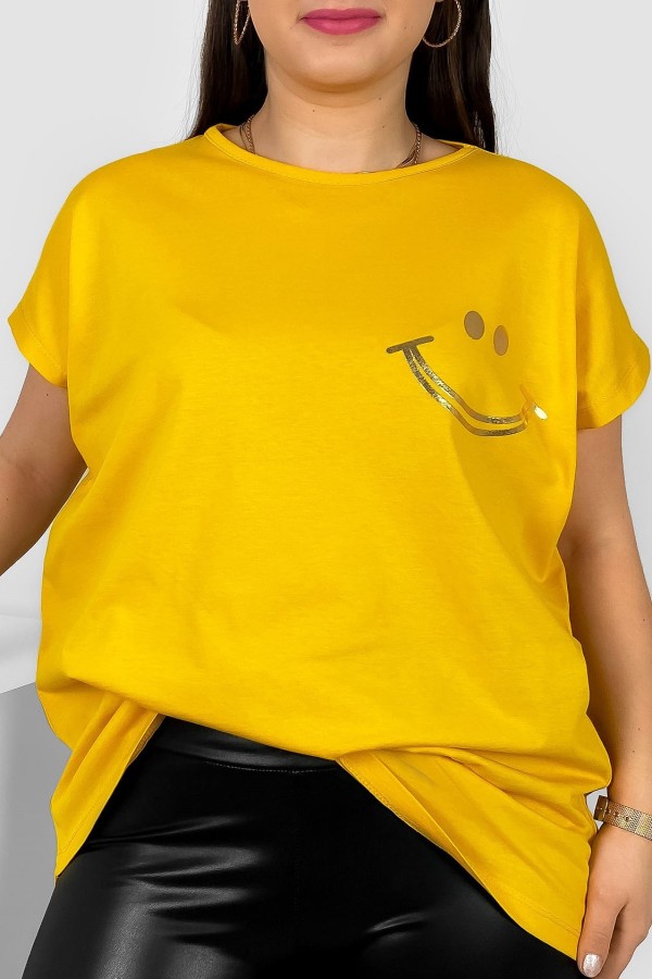 Nietoperz T-shirt damski plus size w kolorze miodowym złoty nadruk uśmiech Kerry