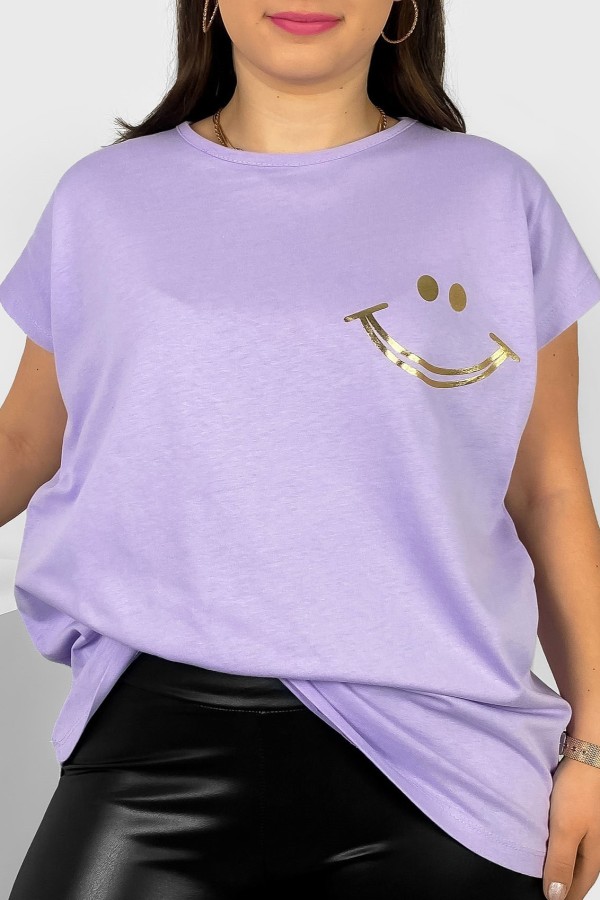 Nietoperz T-shirt damski plus size w kolorze lila fiolet złoty nadruk uśmiech Kerry