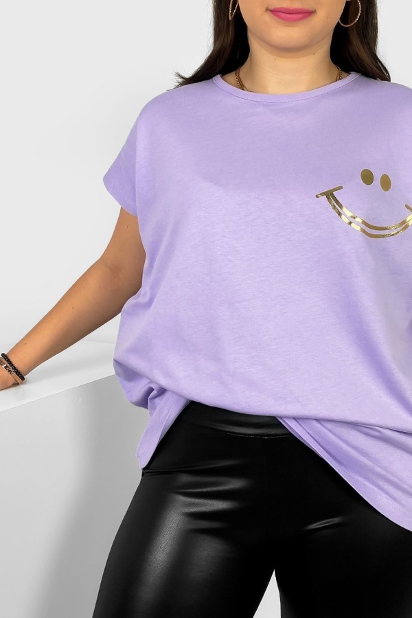 Nietoperz T-shirt damski plus size w kolorze lila fiolet złoty nadruk uśmiech Kerry 1