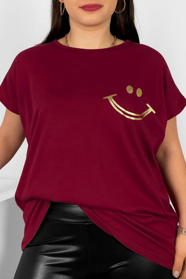 Nietoperz T-shirt damski plus size w kolorze bordowym złoty nadruk uśmiech Kerry