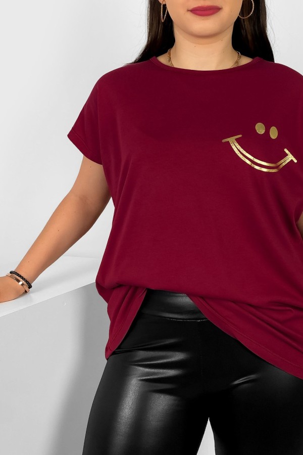 Nietoperz T-shirt damski plus size w kolorze bordowym złoty nadruk uśmiech Kerry 1