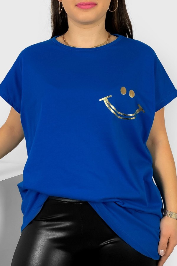 Nietoperz T-shirt damski plus size w kolorze chabrowym złoty nadruk uśmiech Kerry