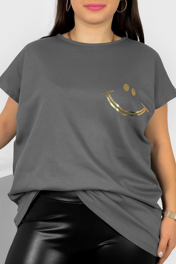 Nietoperz T-shirt damski plus size w kolorze grafitowym złoty nadruk uśmiech Kerry