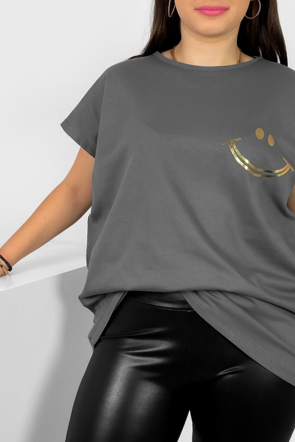 Nietoperz T-shirt damski plus size w kolorze grafitowym złoty nadruk uśmiech Kerry 1