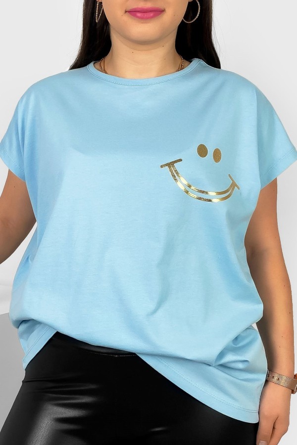 Nietoperz T-shirt damski plus size w kolorze błękitnym złoty nadruk uśmiech Kerry