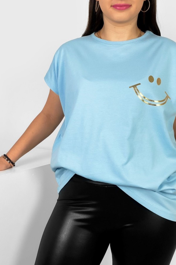 Nietoperz T-shirt damski plus size w kolorze błękitnym złoty nadruk uśmiech Kerry 1
