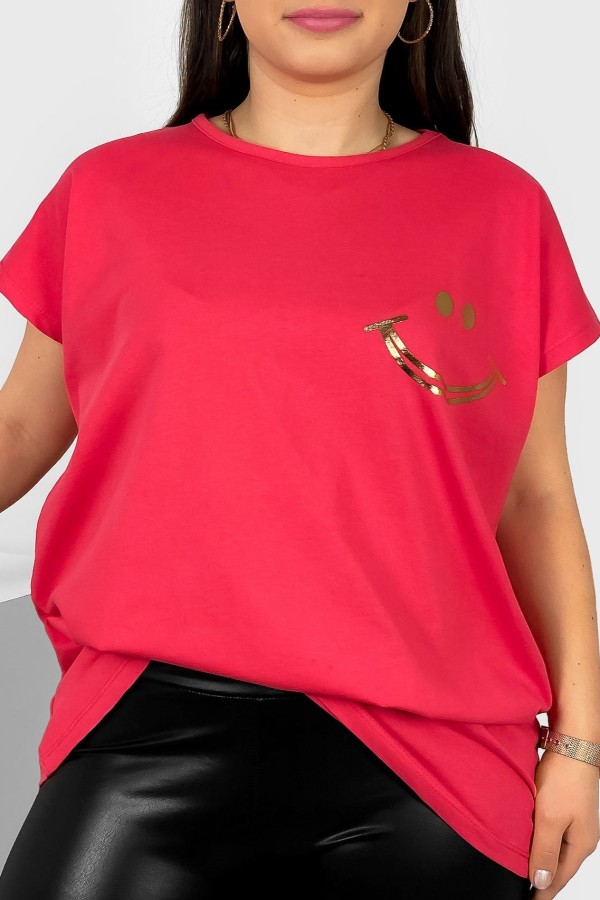 Nietoperz T-shirt damski plus size w kolorze malinowym złoty nadruk uśmiech Kerry