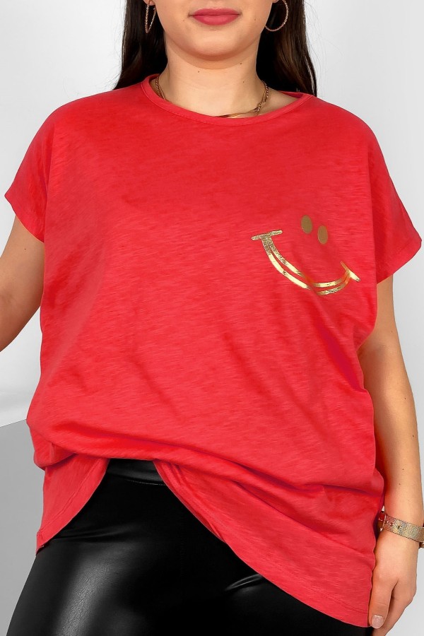 Nietoperz T-shirt damski plus size w kolorze koralowym złoty nadruk uśmiech Kerry