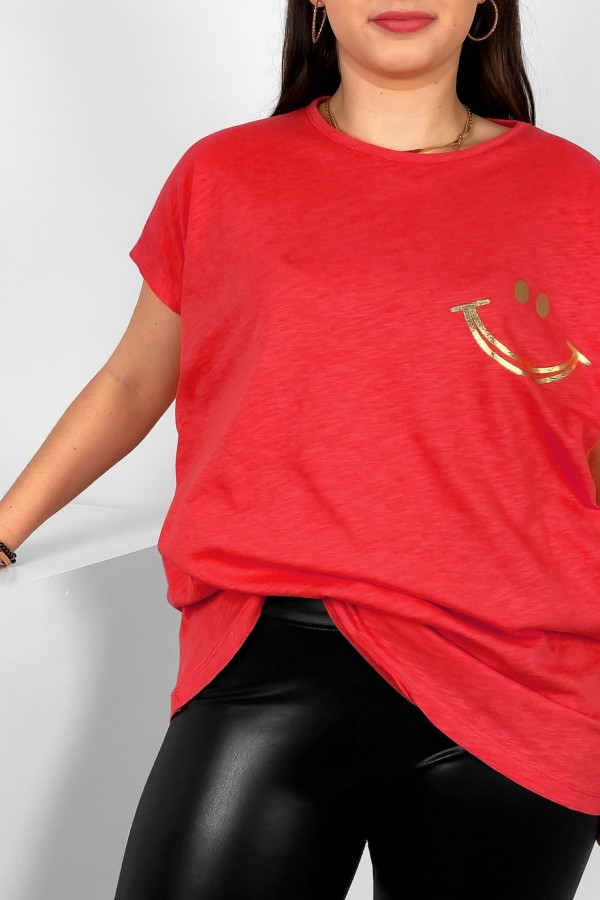 Nietoperz T-shirt damski plus size w kolorze koralowym złoty nadruk uśmiech Kerry 1